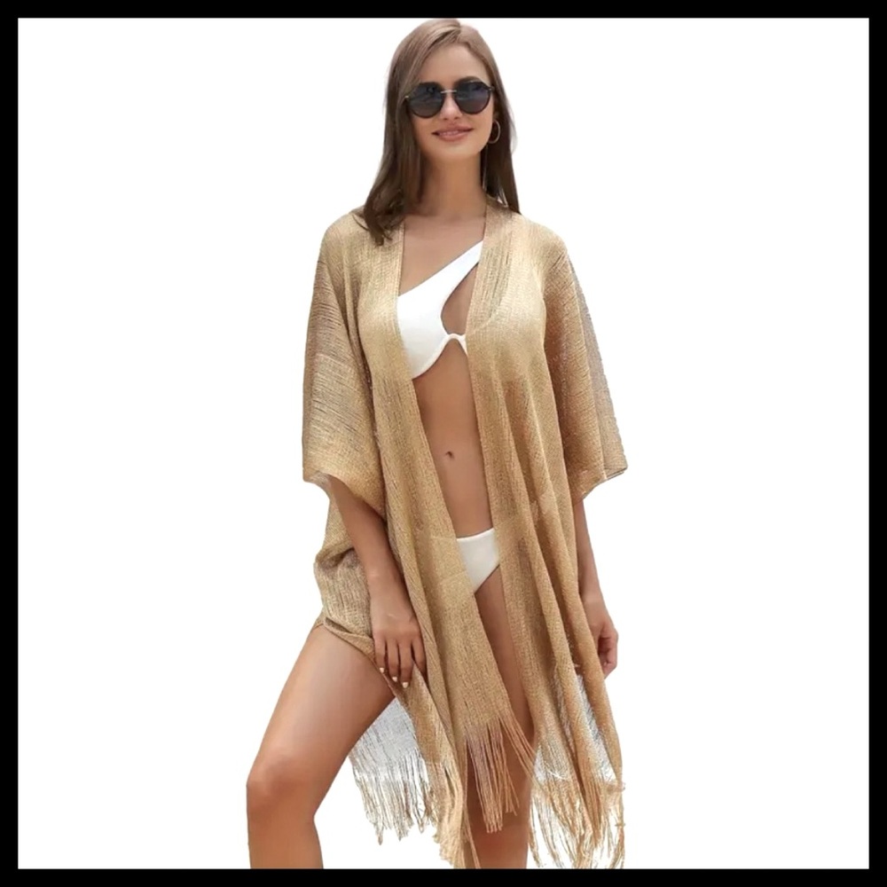 BOUTIQUE  Metallic Net Fringed Cover Up, Tassel Semi Sheer